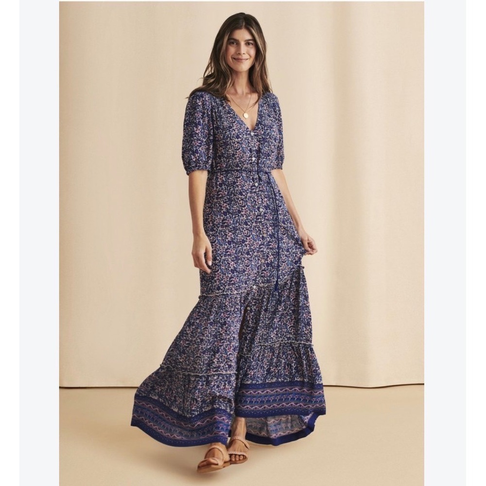 A15 Faherty Floral Button Front Maxi Dress Blue Purple Short Sleeve Tiered Small
